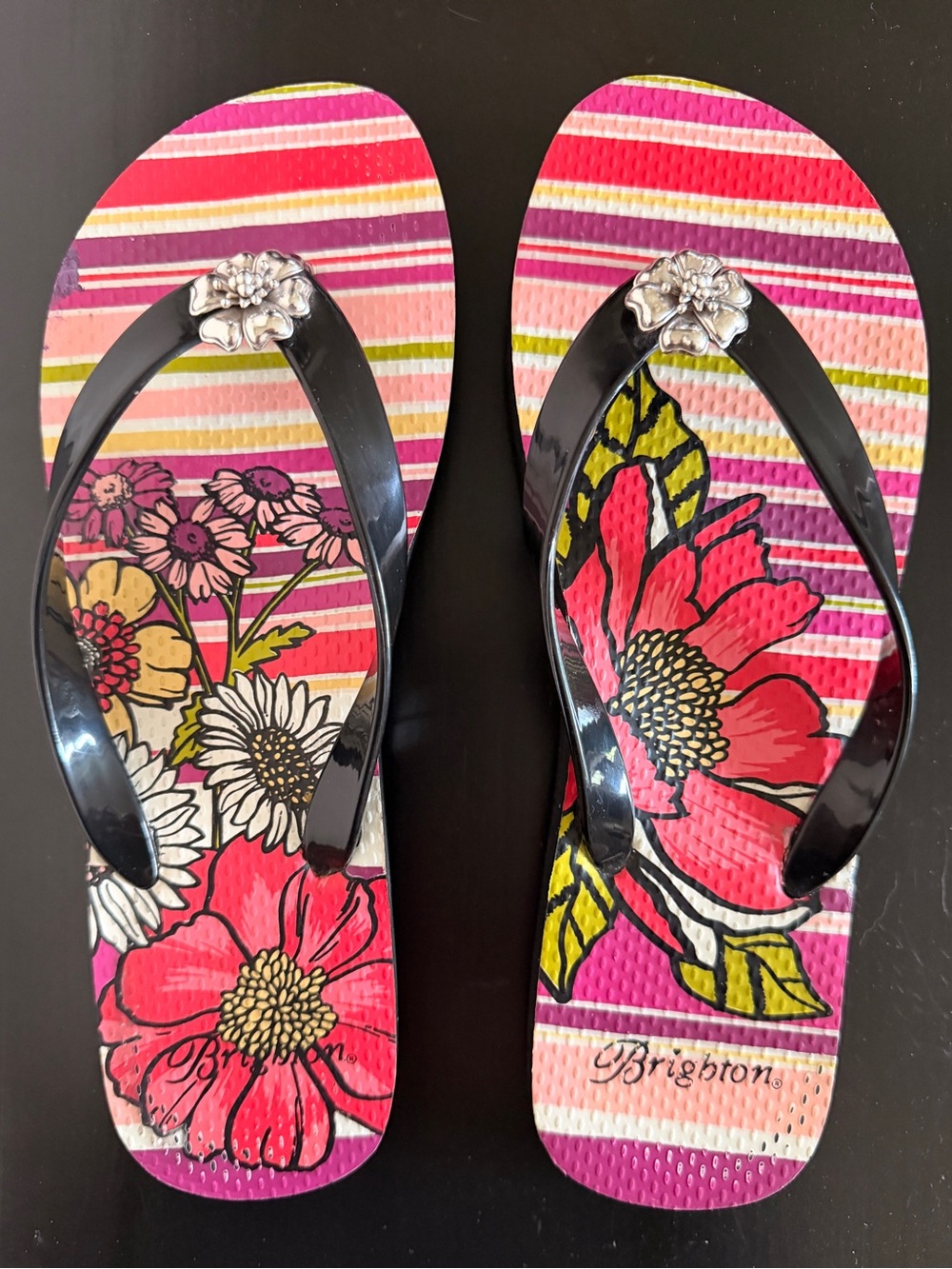 Brighton Floral Flip Flops Womens 9-10 Pink Stripe Sandals Silver Flower